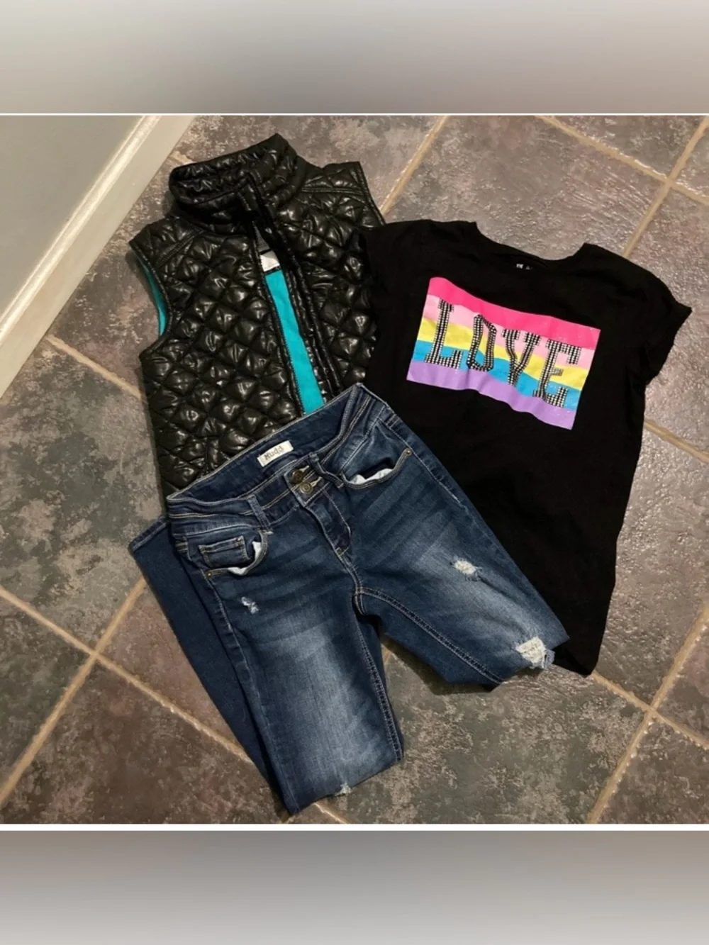Girls Three Piece Jeans, T-Shirt and Vest Outfit Bundle Size 10